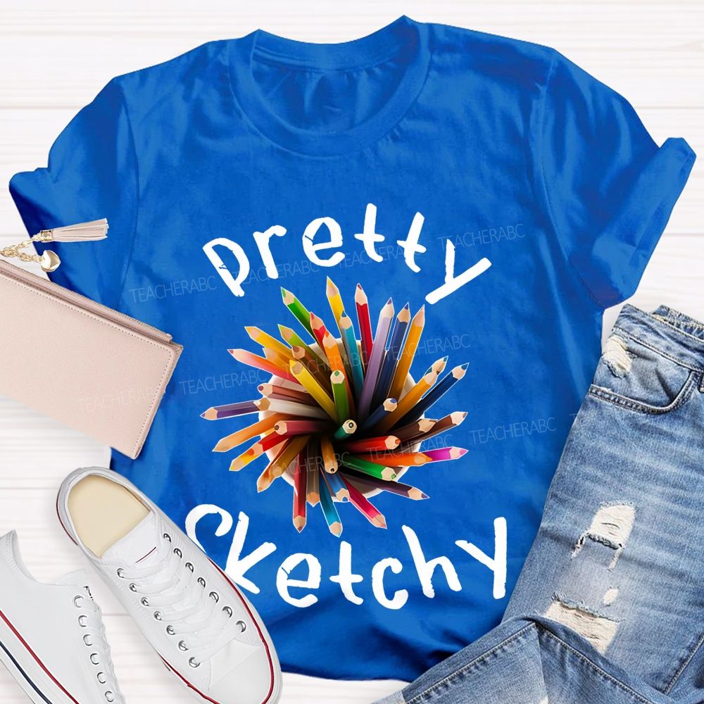 Pretty Sketchy Colorful Pencils Shapes Teacher T-shirt