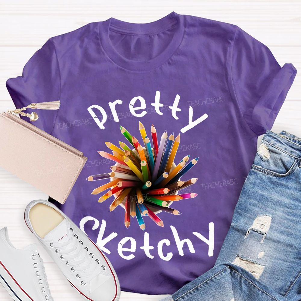 Pretty Sketchy Colorful Pencils Shapes Teacher T-shirt