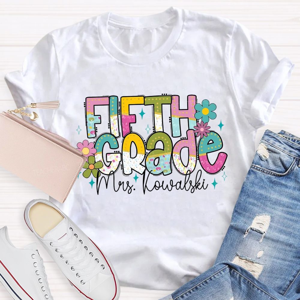 Personalized Grade And Name Colorful Flower Gradient Text Teacher T-Shirt