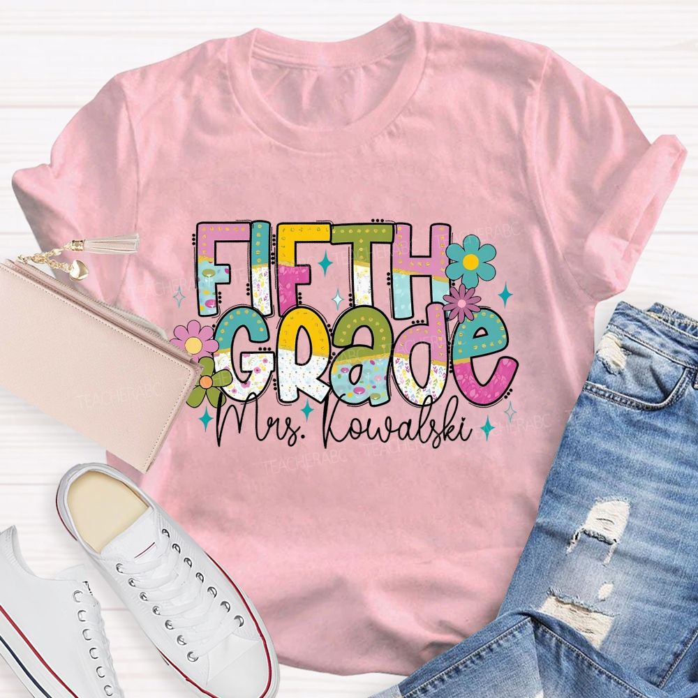 Personalized Grade And Name Colorful Flower Gradient Text Teacher T-Shirt