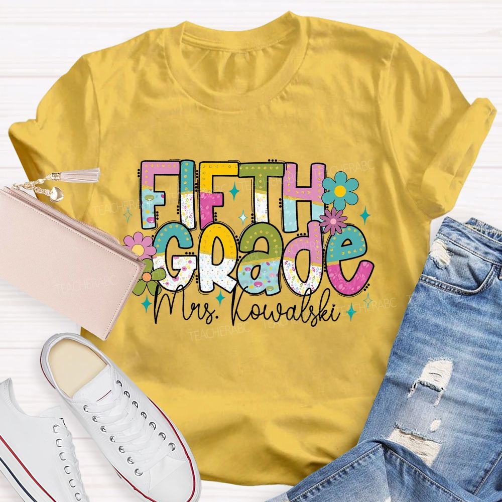 Personalized Grade And Name Colorful Flower Gradient Text Teacher T-Shirt