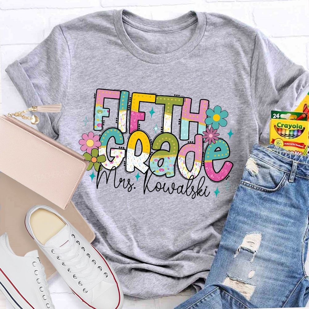 Personalized Grade And Name Colorful Flower Gradient Text Teacher T-Shirt