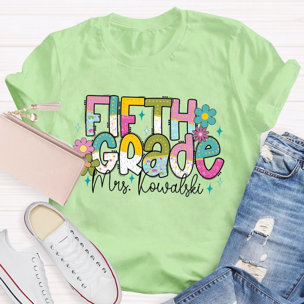 Personalized Grade And Name Colorful Flower Gradient Text Teacher T-Shirt