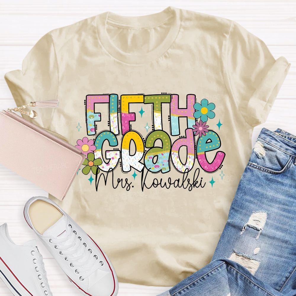 Personalized Grade And Name Colorful Flower Gradient Text Teacher T-Shirt