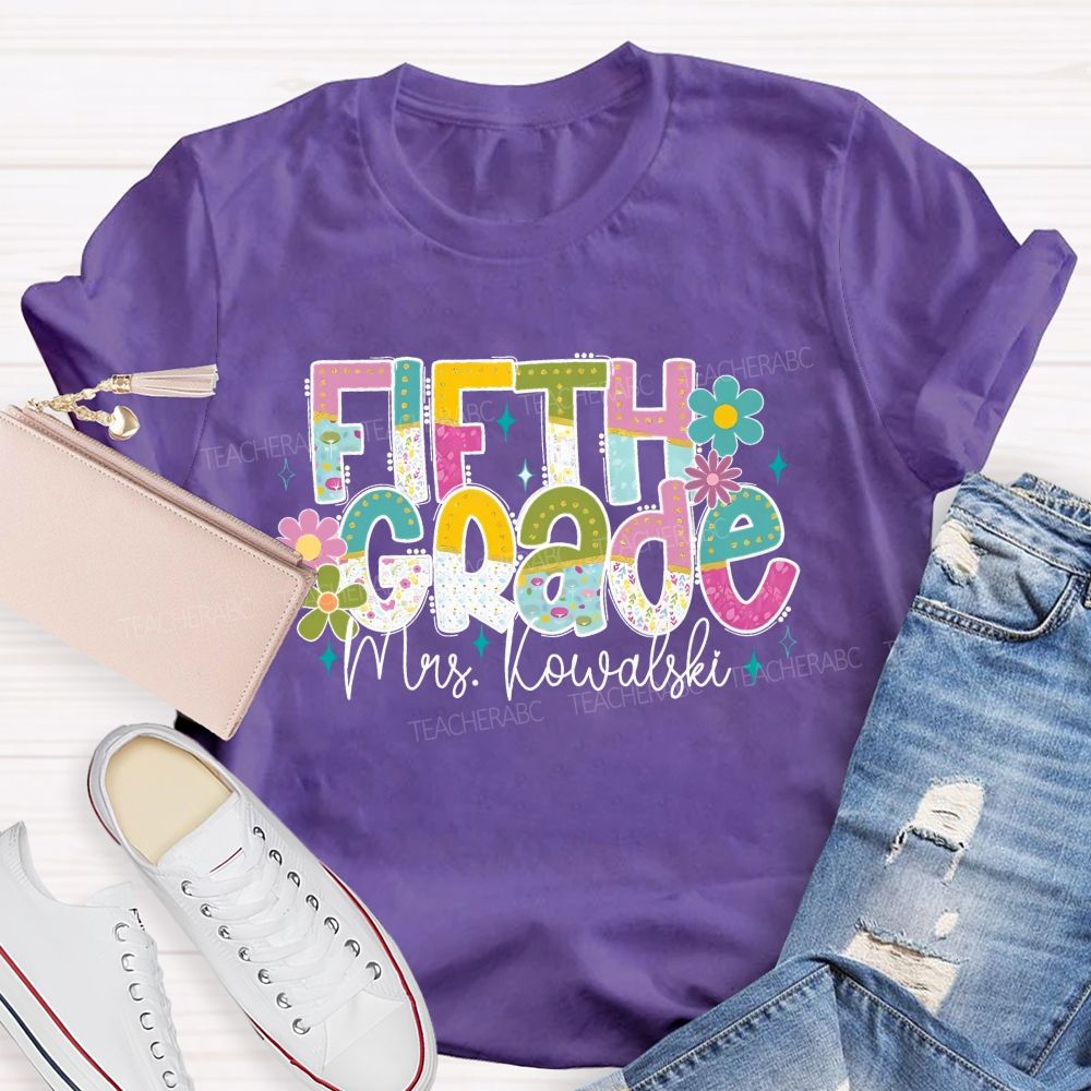 Personalized Grade And Name Colorful Flower Gradient Text Teacher T-Shirt