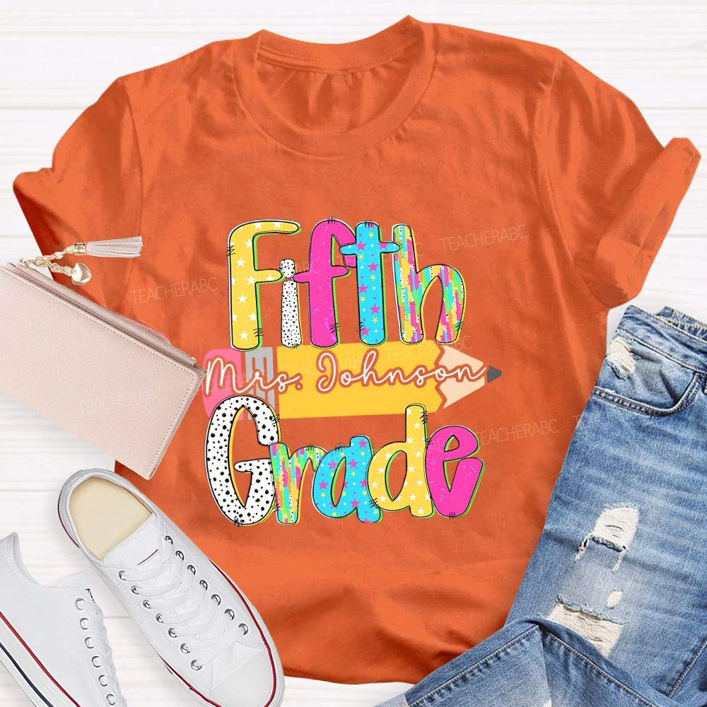 Personalized Grade And Name Pencil Star Polka Dot Design Teacher T-Shirt