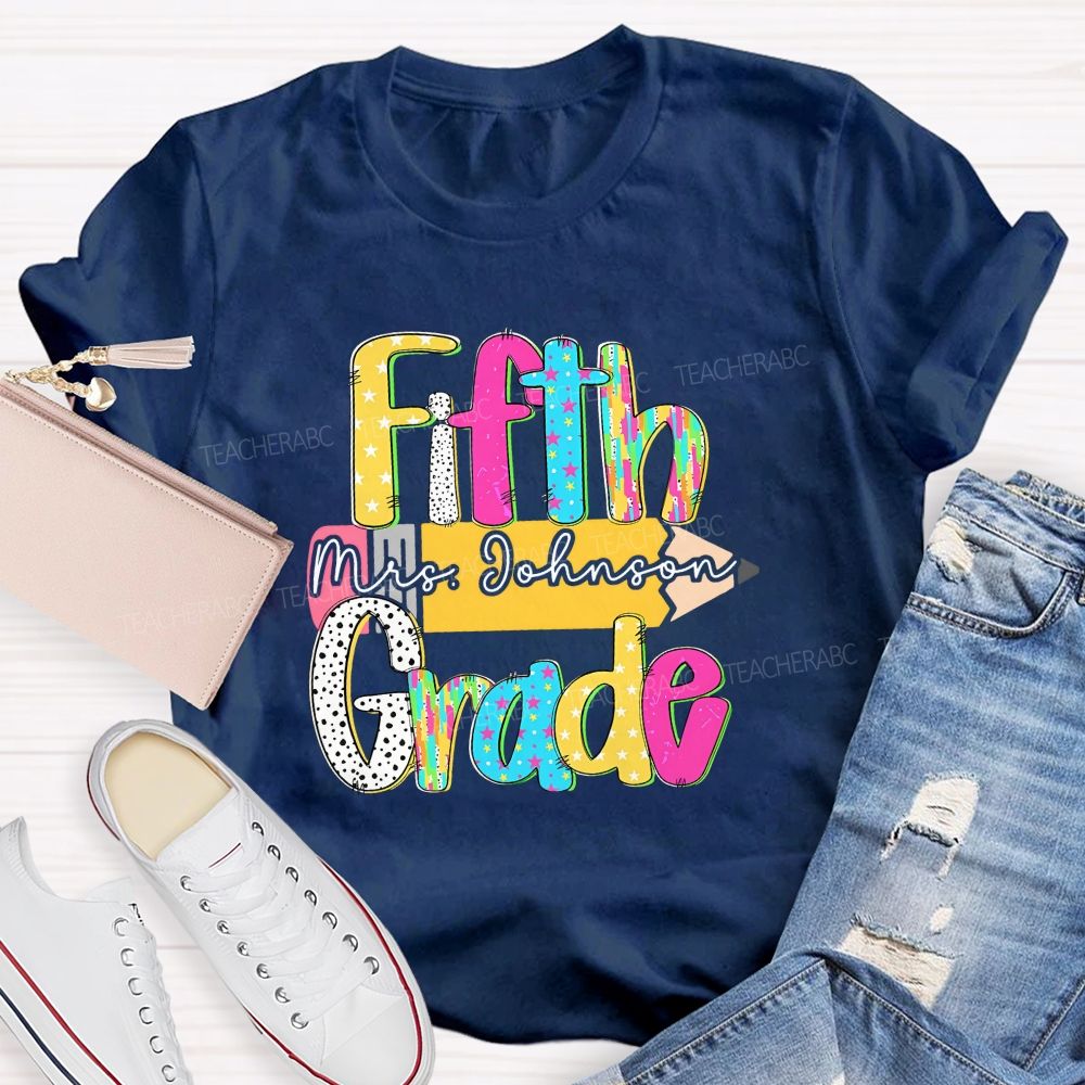 Personalized Grade And Name Pencil Star Polka Dot Design Teacher T-Shirt