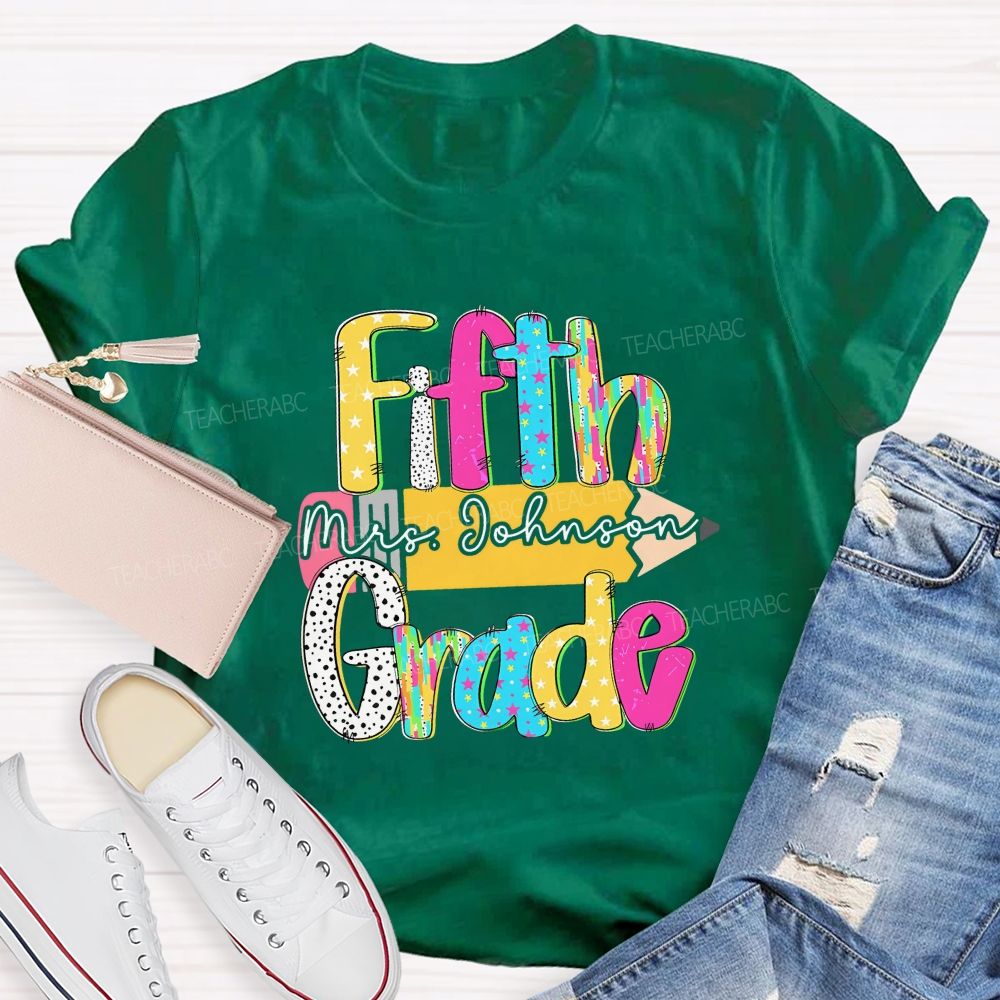 Personalized Grade And Name Pencil Star Polka Dot Design Teacher T-Shirt
