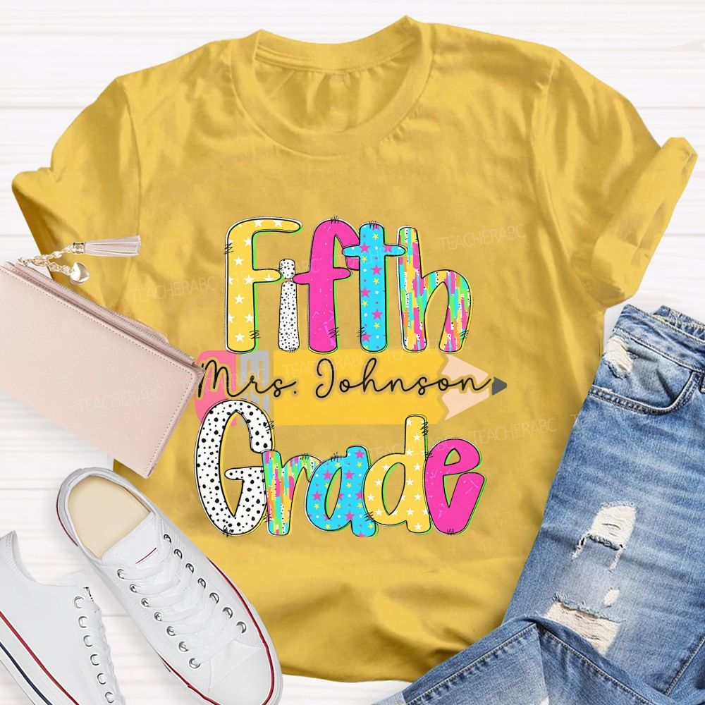 Personalized Grade And Name Pencil Star Polka Dot Design Teacher T-Shirt