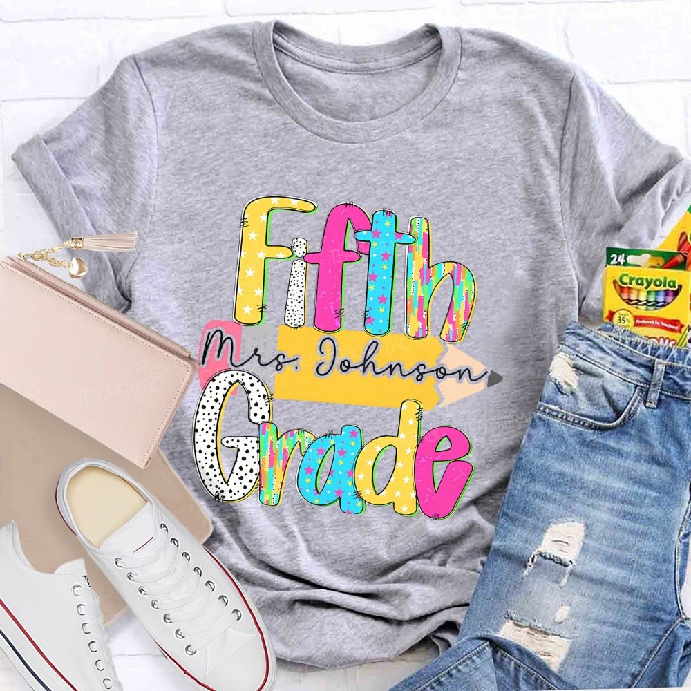 Personalized Grade And Name Pencil Star Polka Dot Design Teacher T-Shirt