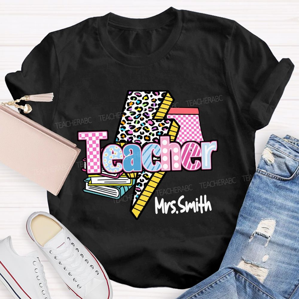 Personalized Name Colorful Leopard Print & Pink Plaid Teacher T-shirt