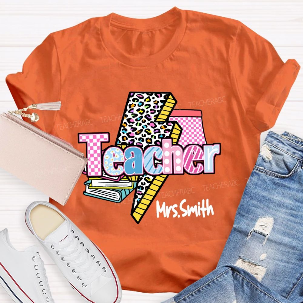 Personalized Name Colorful Leopard Print & Pink Plaid Teacher T-shirt