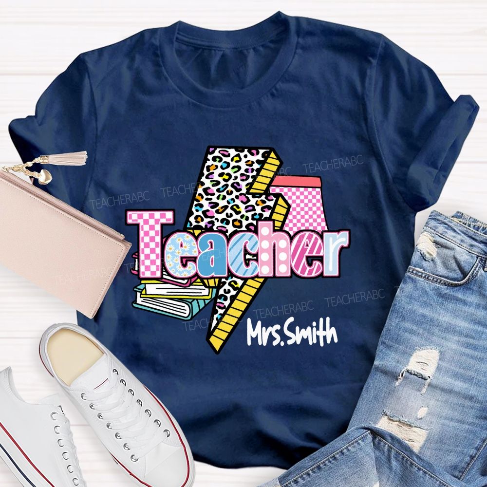 Personalized Name Colorful Leopard Print & Pink Plaid Teacher T-shirt