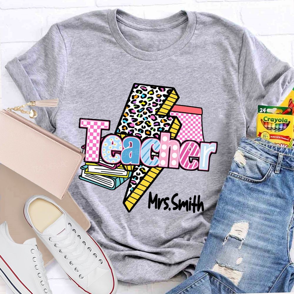 Personalized Name Colorful Leopard Print & Pink Plaid Teacher T-shirt