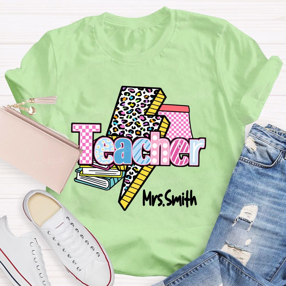 Personalized Name Colorful Leopard Print & Pink Plaid Teacher T-shirt