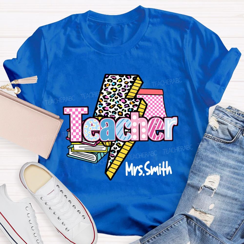 Personalized Name Colorful Leopard Print & Pink Plaid Teacher T-shirt
