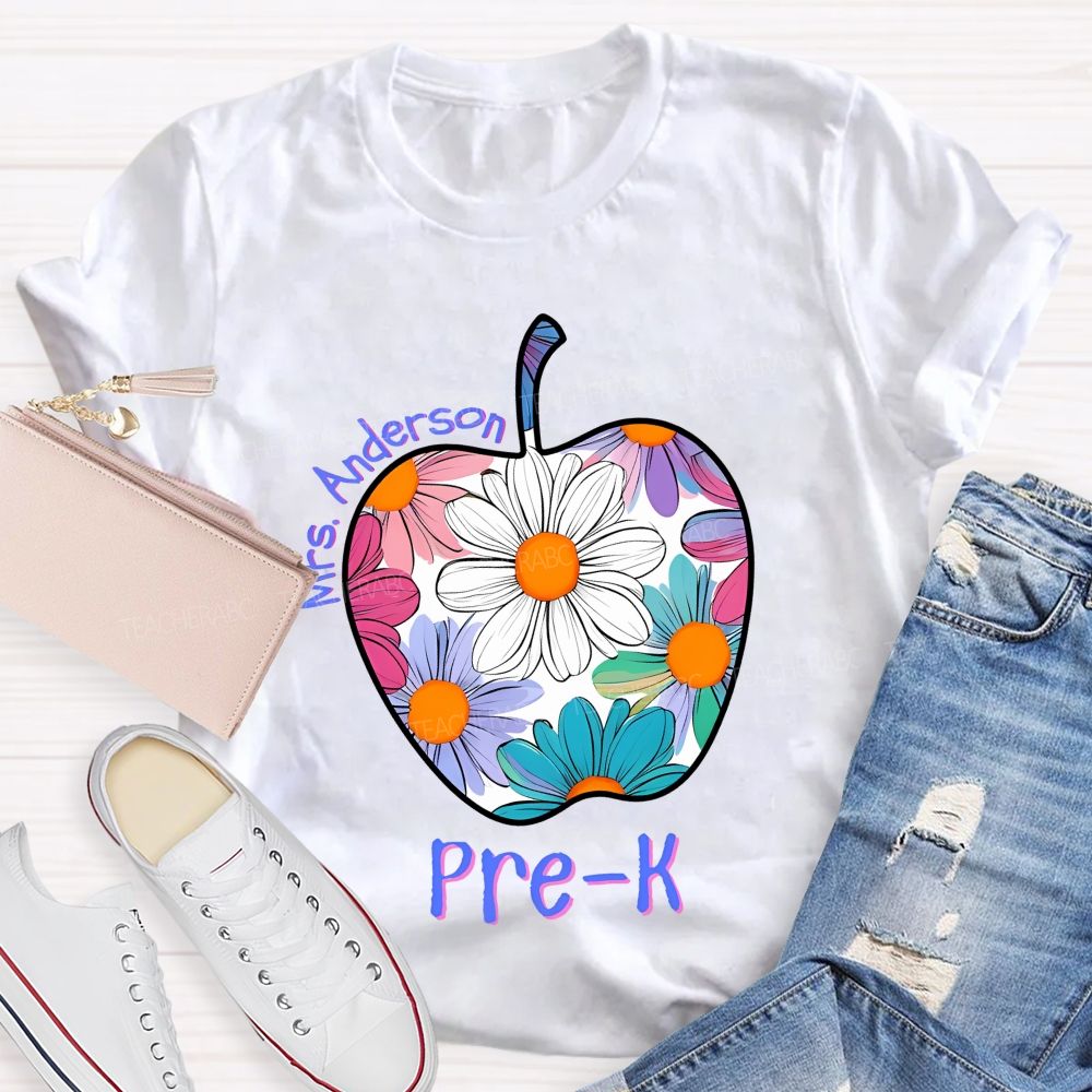 Personalized Grade And Name Floral Daisy Apple Teacher T-shirt