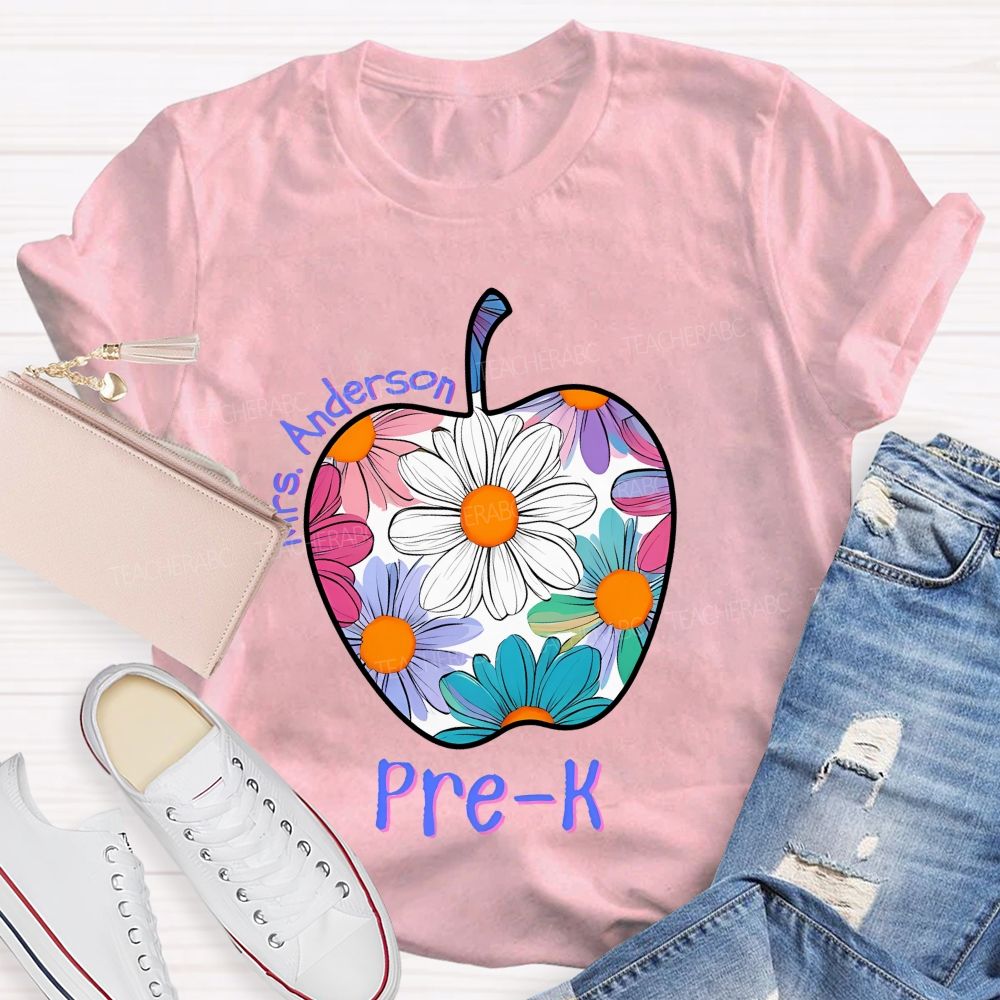 Personalized Grade And Name Floral Daisy Apple Teacher T-shirt