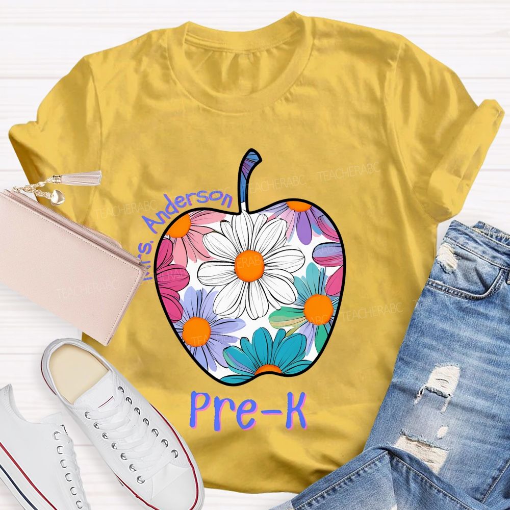 Personalized Grade And Name Floral Daisy Apple Teacher T-shirt