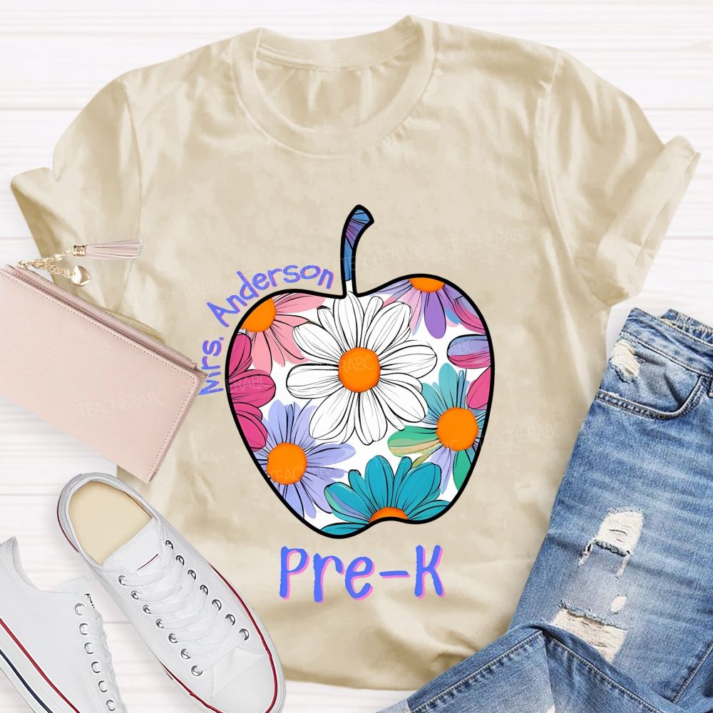 Personalized Grade And Name Floral Daisy Apple Teacher T-shirt