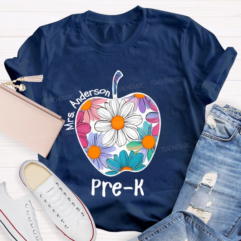 Personalized Grade And Name Floral Daisy Apple Teacher T-shirt