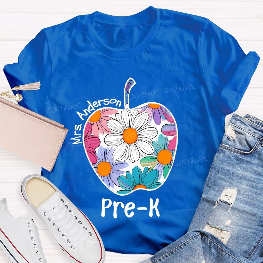 Personalized Grade And Name Floral Daisy Apple Teacher T-shirt