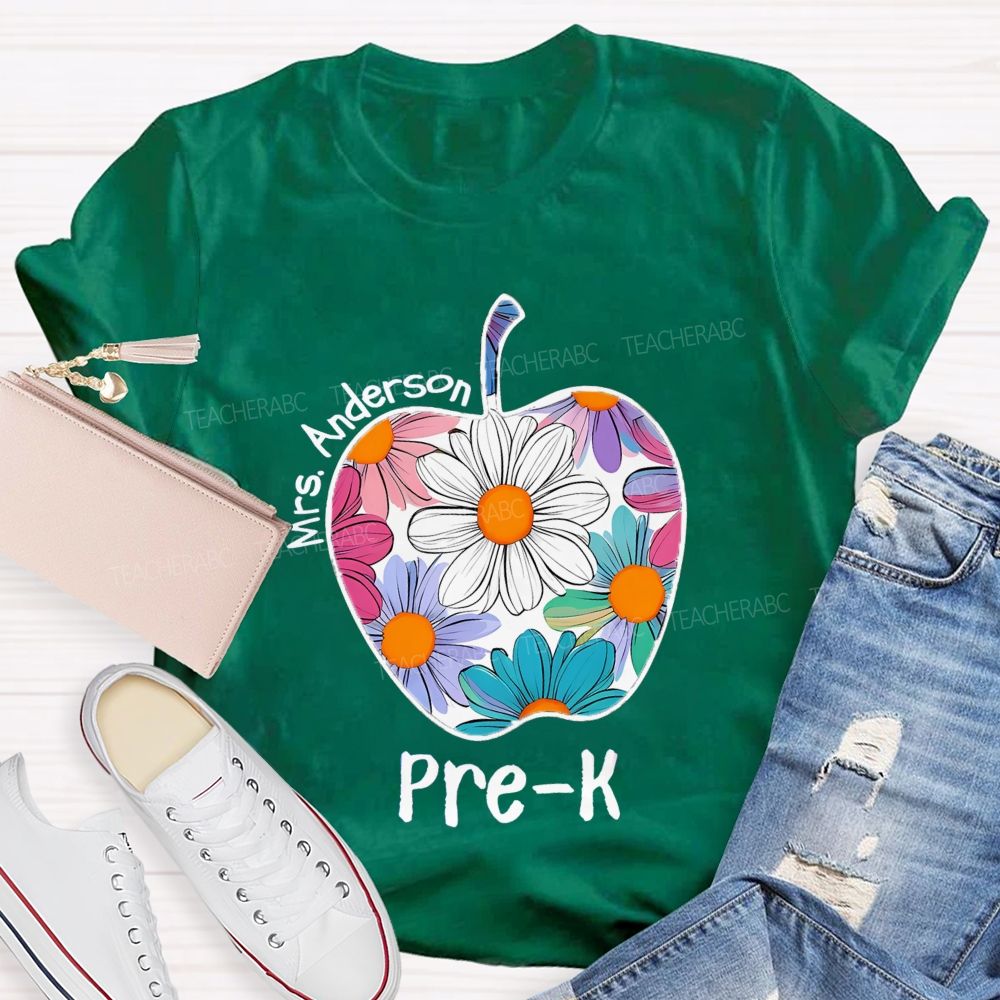 Personalized Grade And Name Floral Daisy Apple Teacher T-shirt