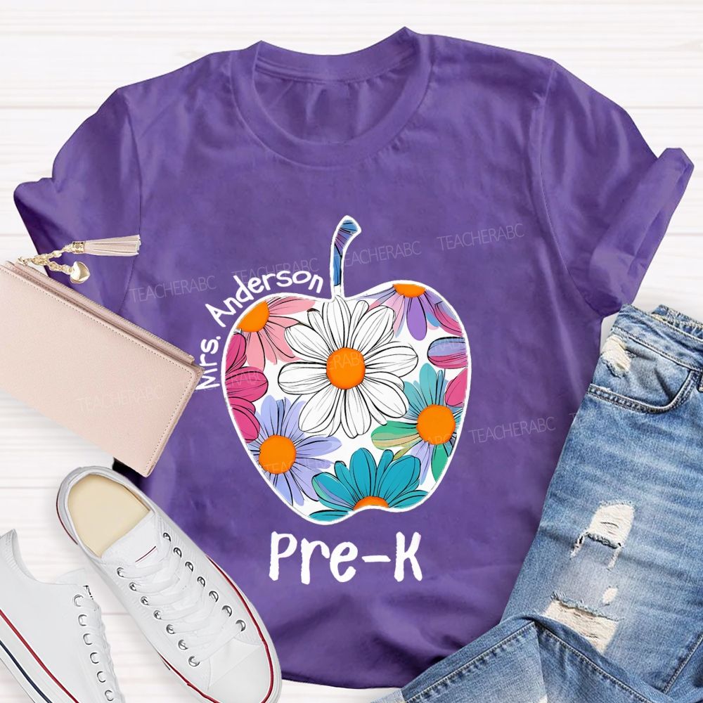 Personalized Grade And Name Floral Daisy Apple Teacher T-shirt