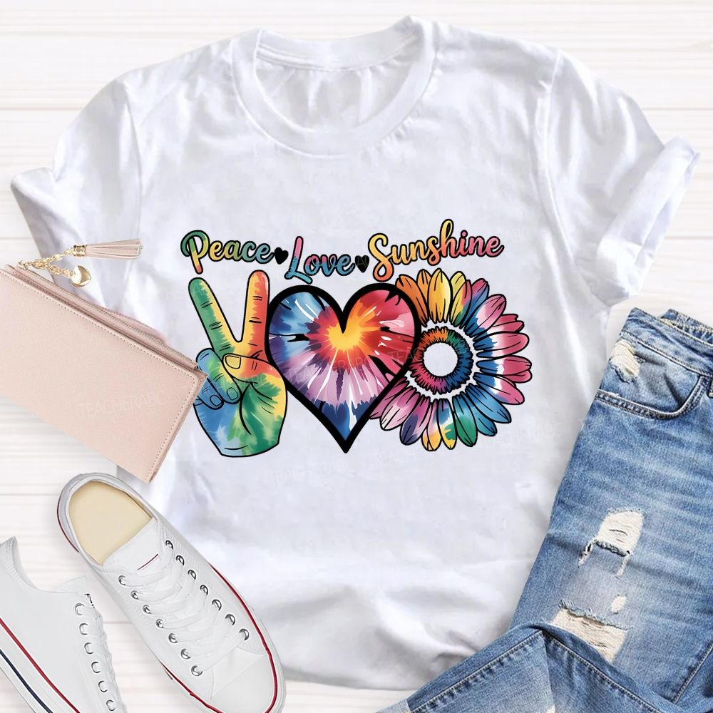 Peace Love Sunshine Tie-Dye Hearts And Sunflowers Teacher T-shirt