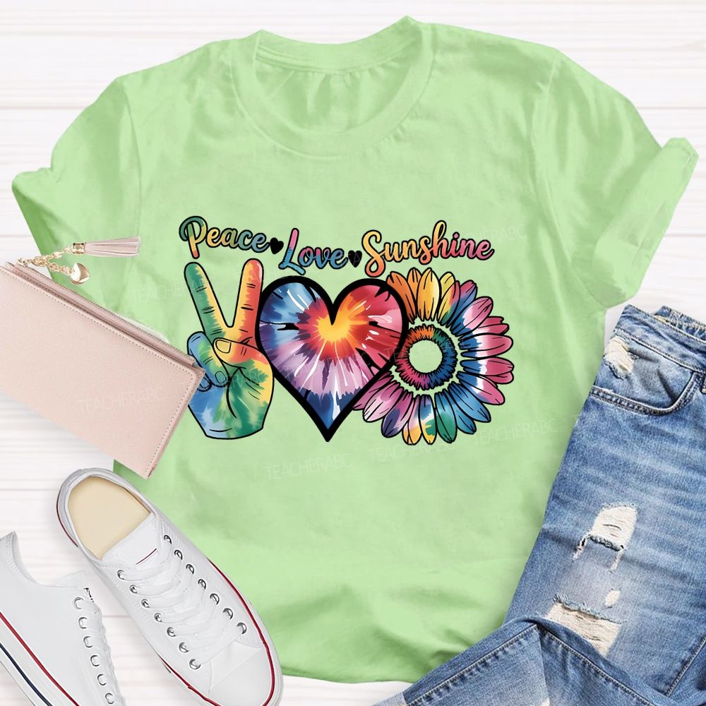 Peace Love Sunshine Tie-Dye Hearts And Sunflowers Teacher T-shirt