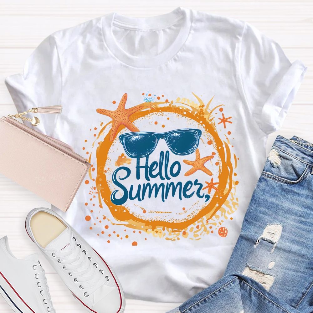 Hello Summer Letters Patterns Teacher T-shirt