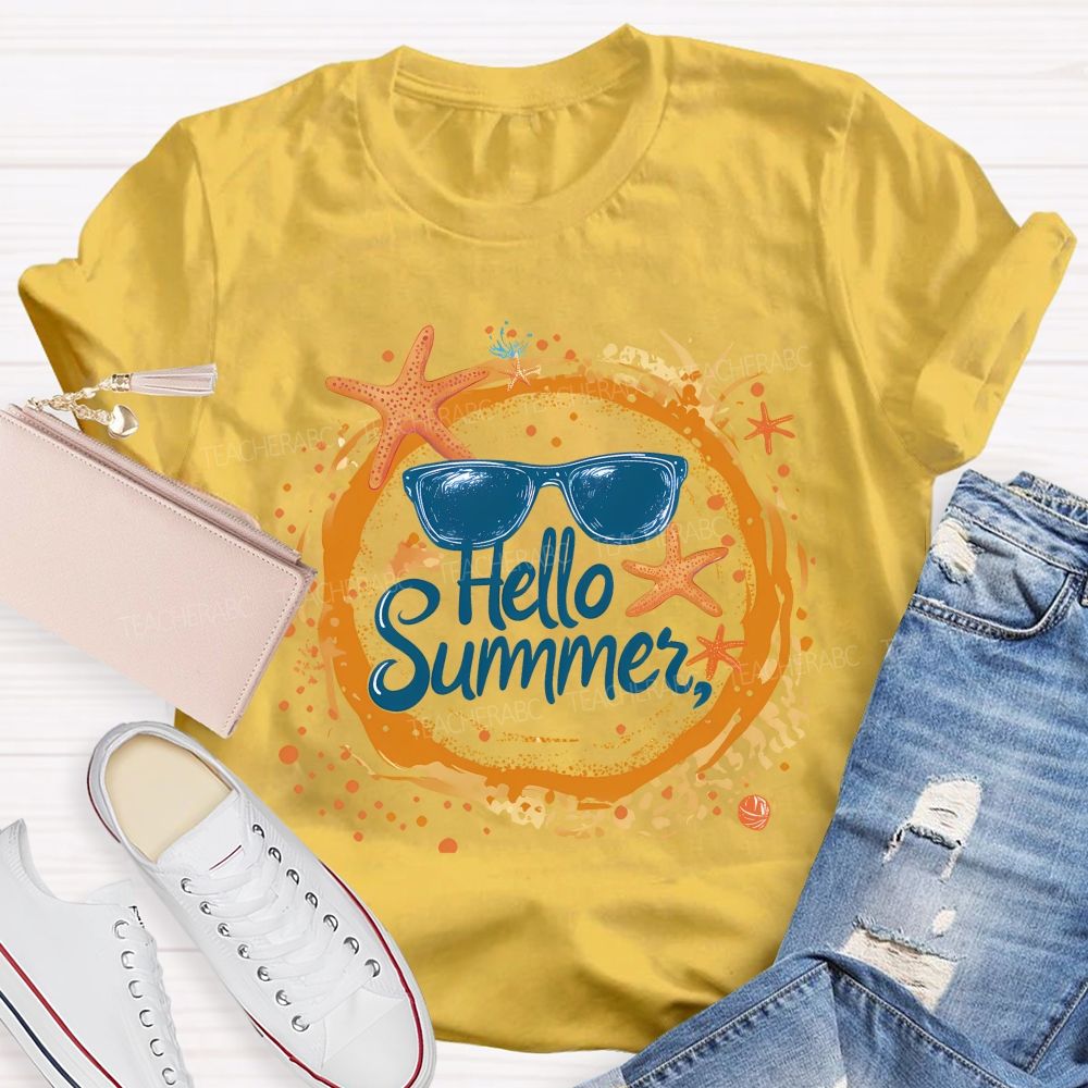 Hello Summer Letters Patterns Teacher T-shirt