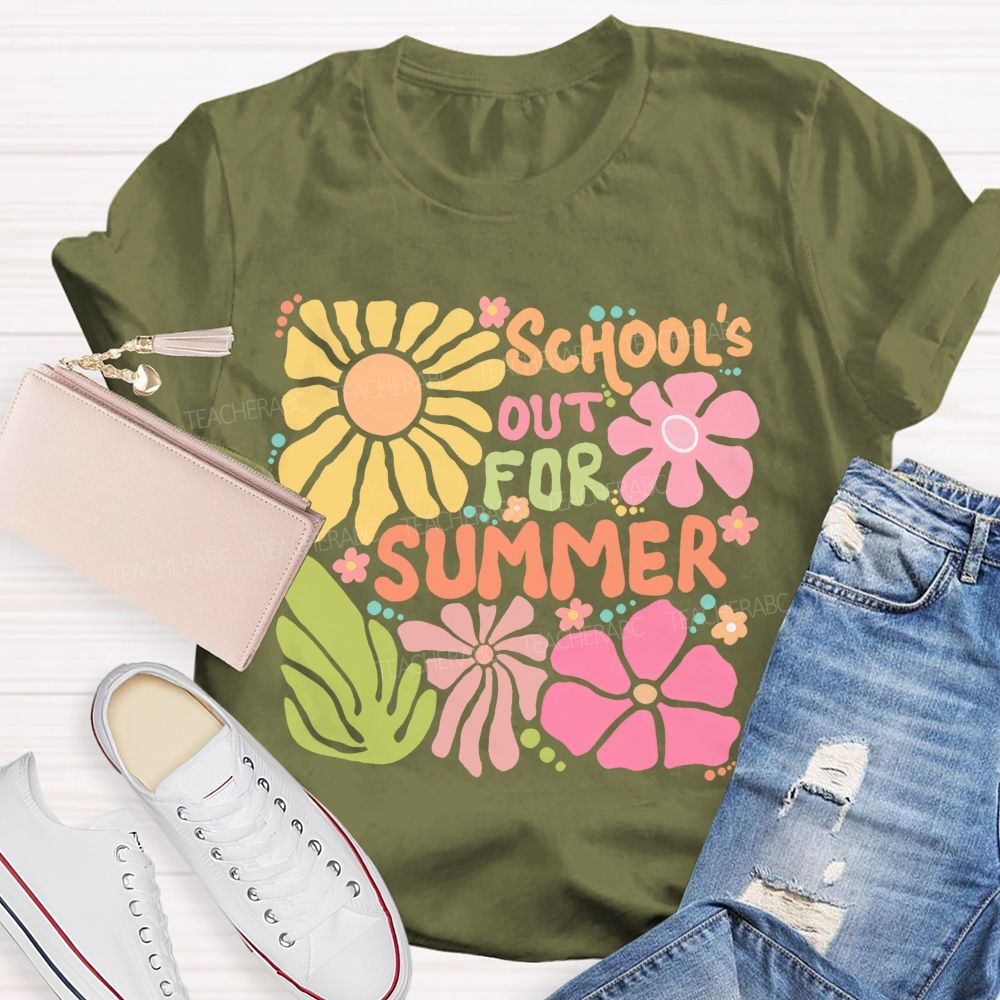 School's Out For Summer Colorful Letters Flowers Patterns Teacher T-shirt