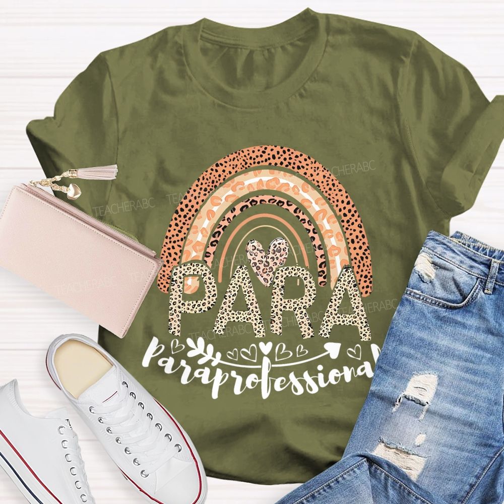 Paraprofessional Leopard Print Rainbow Teacher T-shirt