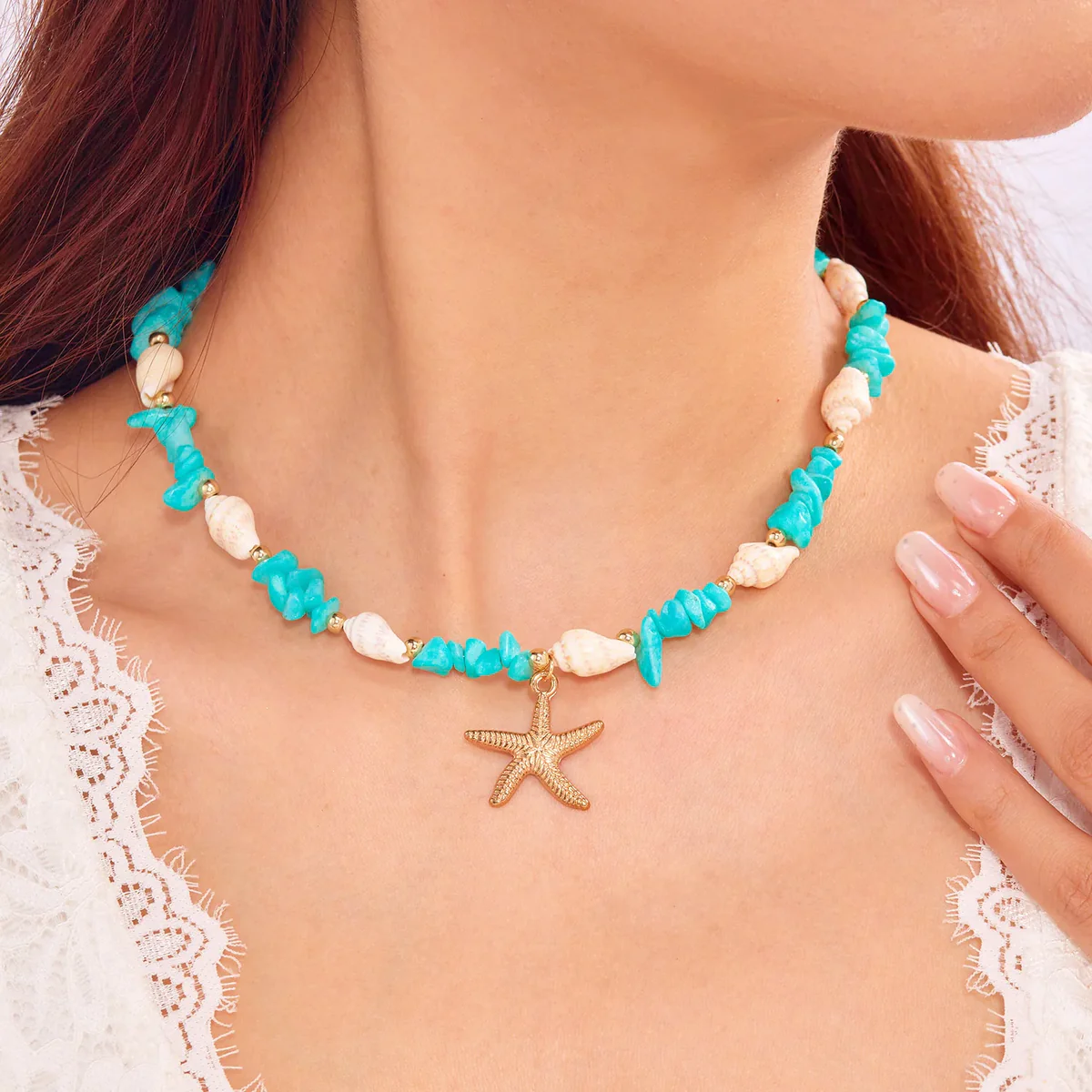 Bohemian-Style Starfish Jewelry Summer Beach-Themed Crushed Stone Starfish And Conch Necklace