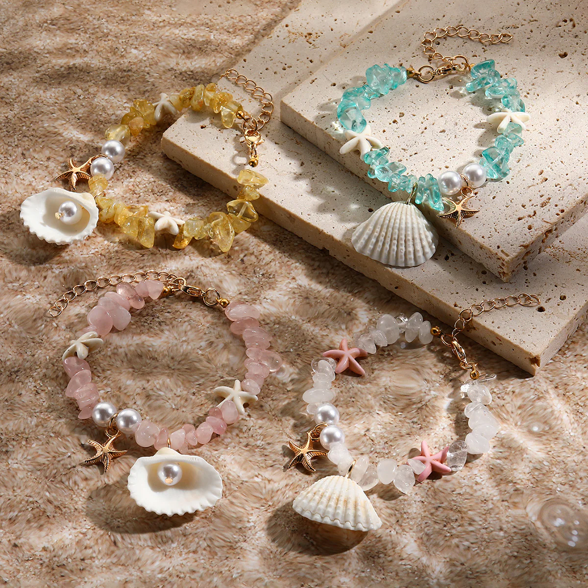 Minimalist Vacation-Style Beaded Bracelet — Featuring Shell Pendant Crushed Stones And Faux Pearls