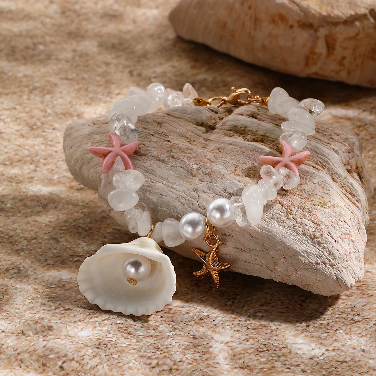 Minimalist Vacation-Style Beaded Bracelet — Featuring Shell Pendant Crushed Stones And Faux Pearls