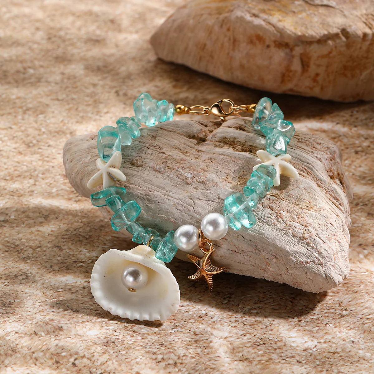 Minimalist Vacation-Style Beaded Bracelet — Featuring Shell Pendant Crushed Stones And Faux Pearls