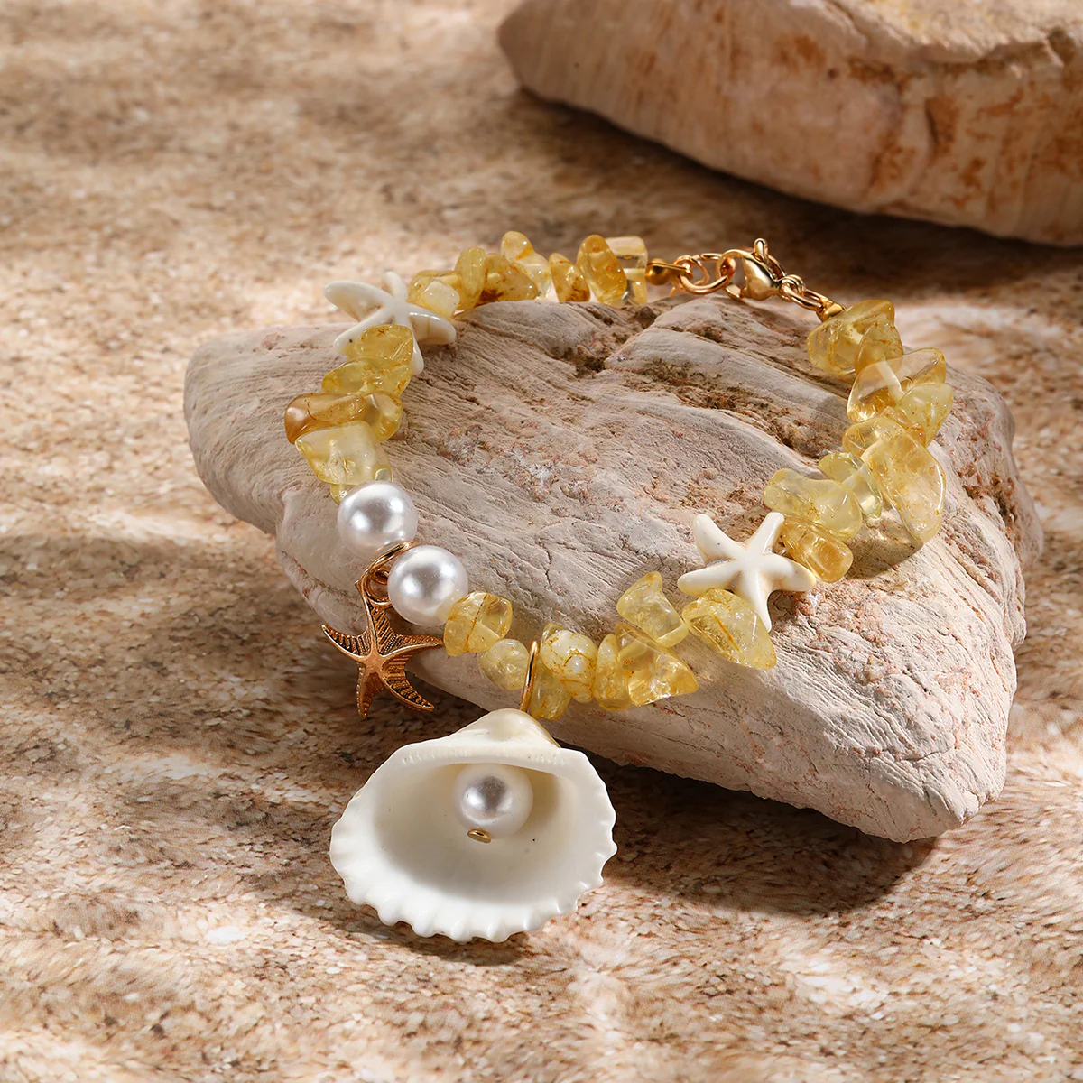 Minimalist Vacation-Style Beaded Bracelet — Featuring Shell Pendant Crushed Stones And Faux Pearls