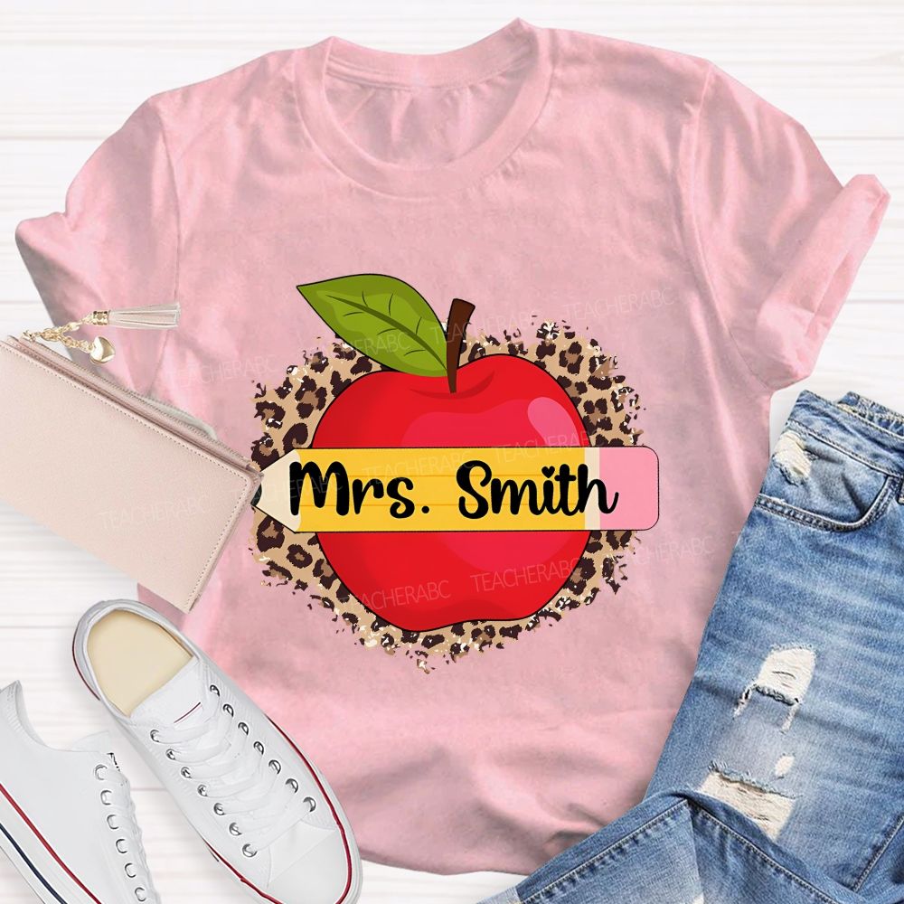 Personalized Name Leopard Print And Apple Teacher T-shirt