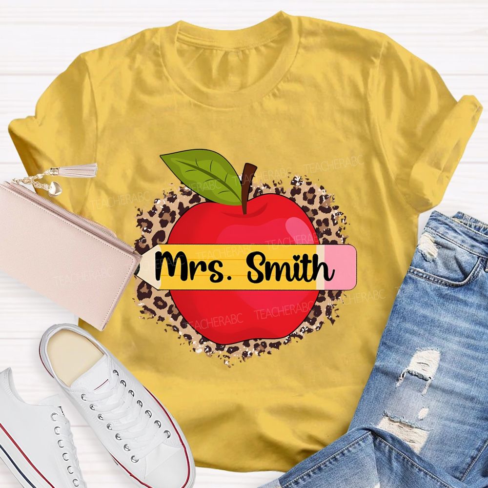 Personalized Name Leopard Print And Apple Teacher T-shirt