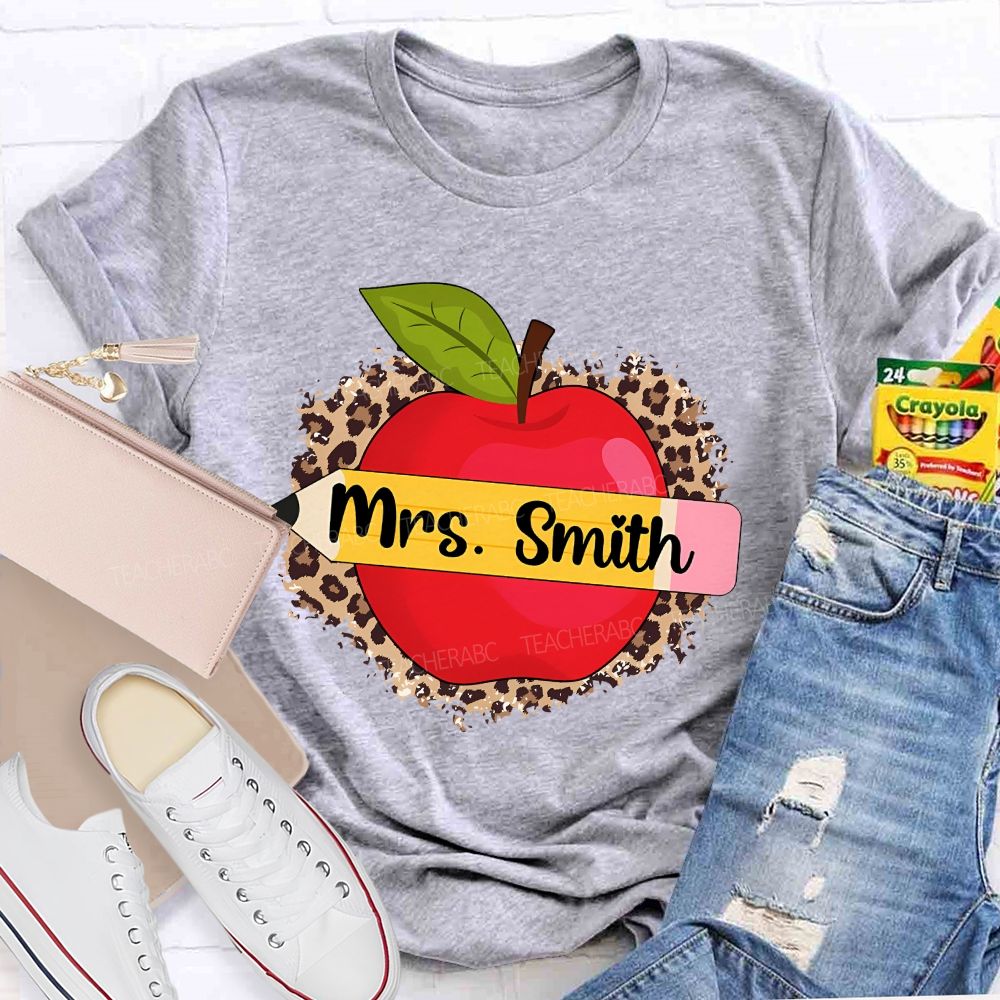 Personalized Name Leopard Print And Apple Teacher T-shirt