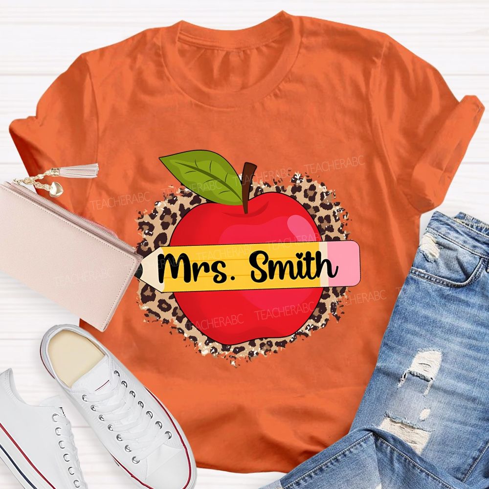Personalized Name Leopard Print And Apple Teacher T-shirt