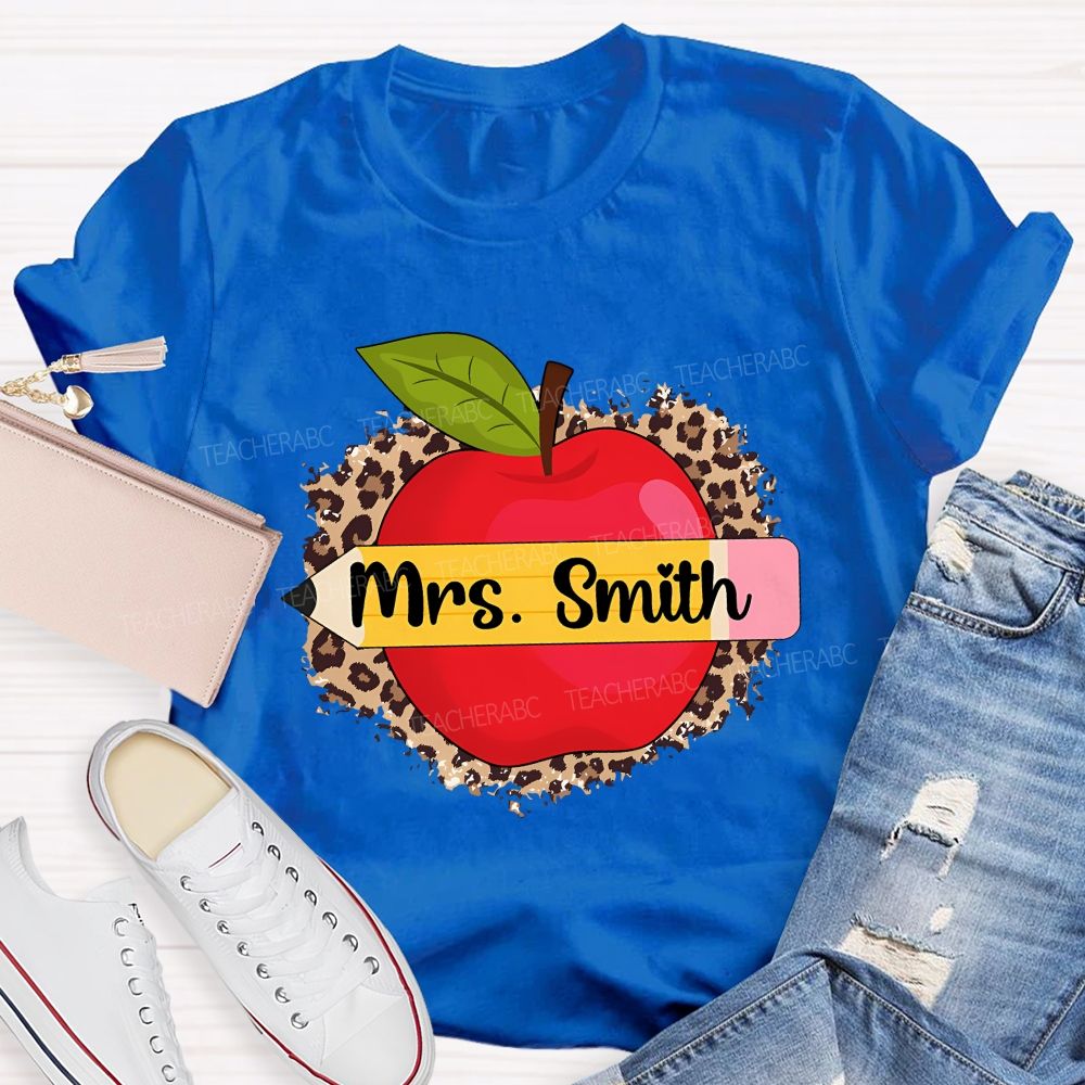 Personalized Name Leopard Print And Apple Teacher T-shirt