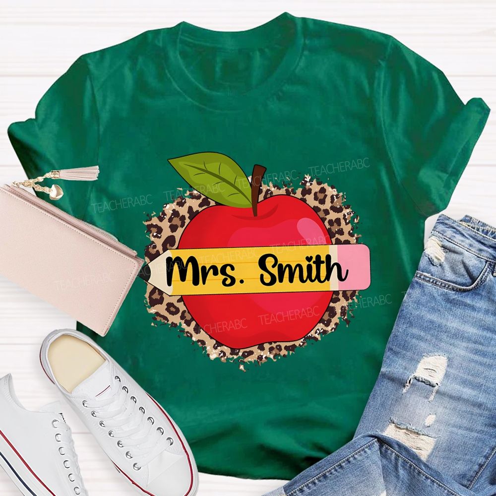 Personalized Name Leopard Print And Apple Teacher T-shirt