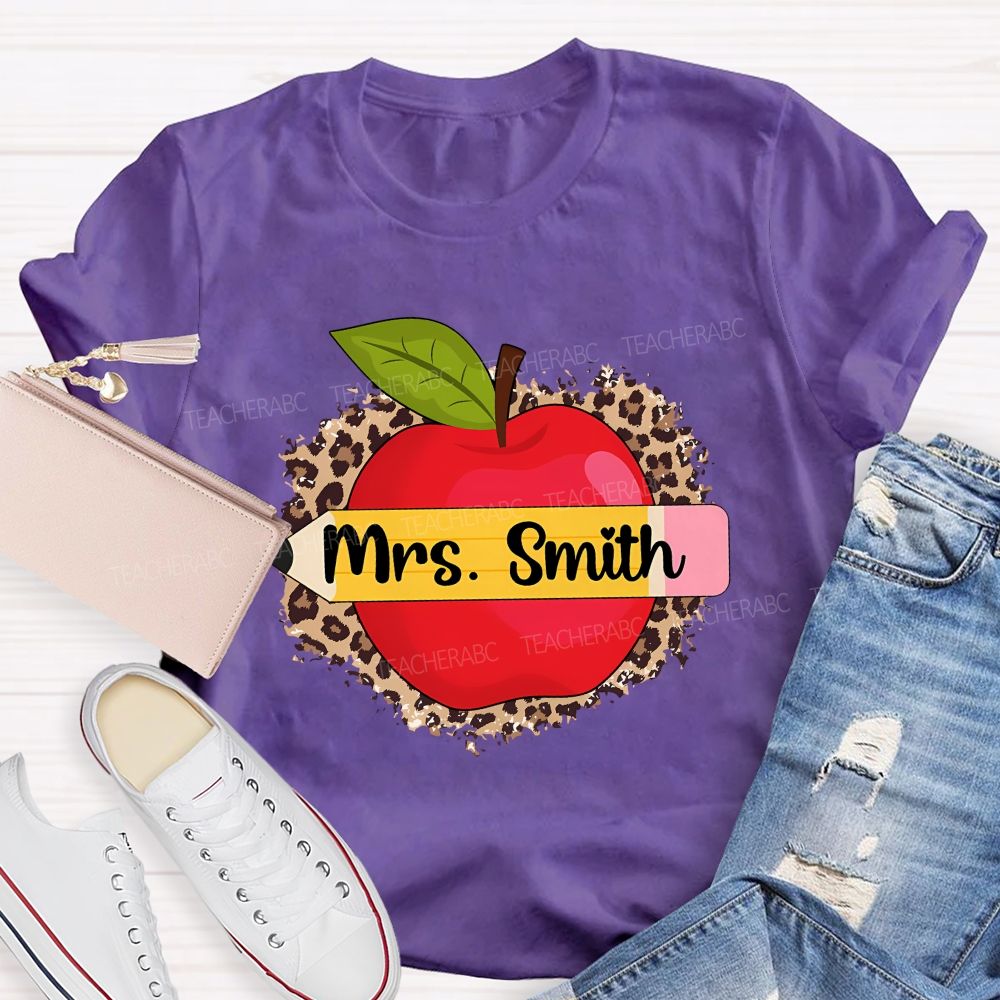 Personalized Name Leopard Print And Apple Teacher T-shirt
