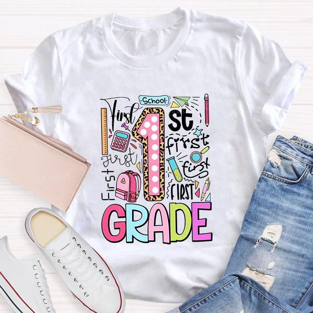 Personalized Grade First Grade Colored Fonts Teacher T-shirt