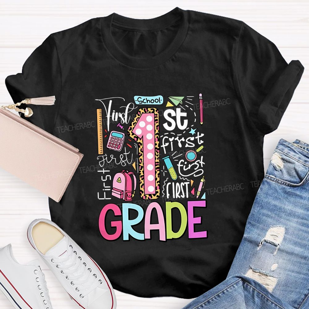 Personalized Grade First Grade Colored Fonts Teacher T-shirt