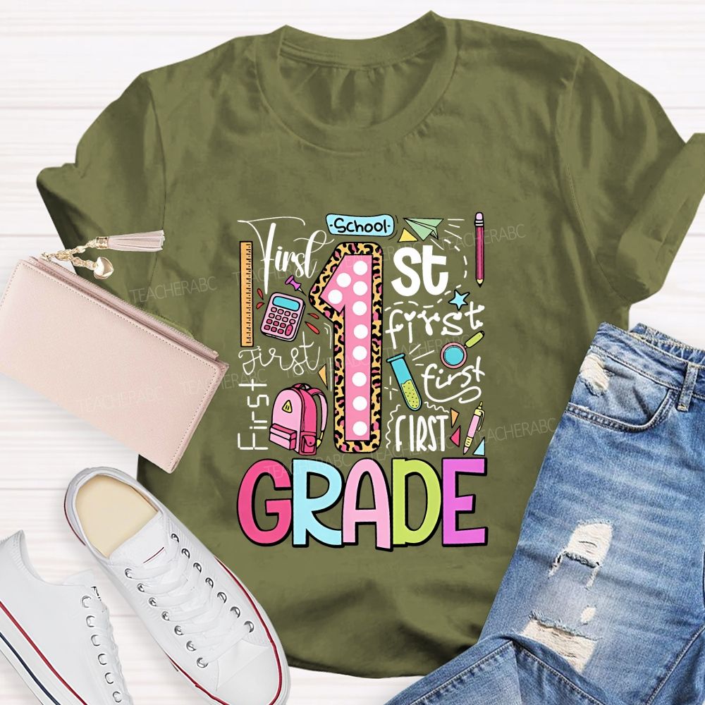 Personalized Grade First Grade Colored Fonts Teacher T-shirt