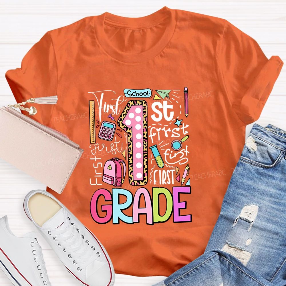 Personalized Grade First Grade Colored Fonts Teacher T-shirt